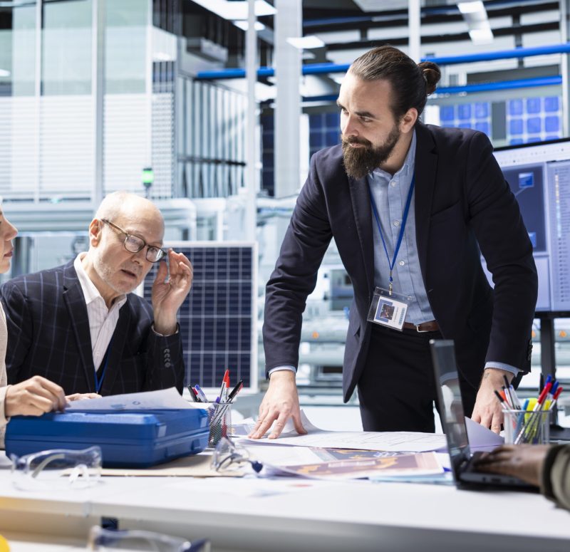 Industrial plant company management executive presents operational insights found during research and development and business strategies to investors, outlining key opportunities for growth